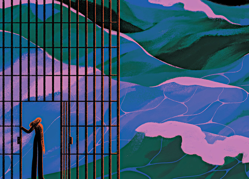 Illustration by Sara Wong of a former prisoner opening barred gate to a colorful waves