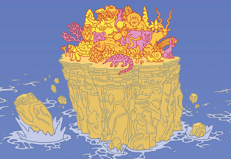Illustration by Eric Nyquist of animals trying not to fall off cliffs of tiny island