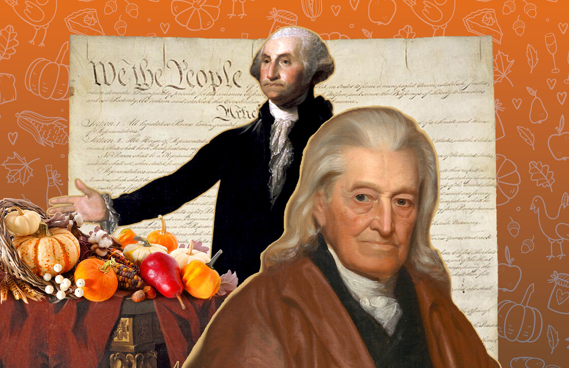 photo-illustration of CU President Johnson and George Washington celebrating Thanksgiving with a huge US Constitution and cornucopia