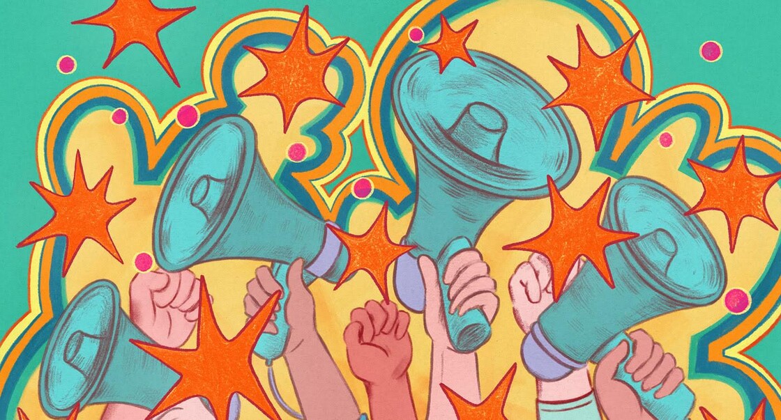 Illustration of activists with megaphones by Phoebe O Chou