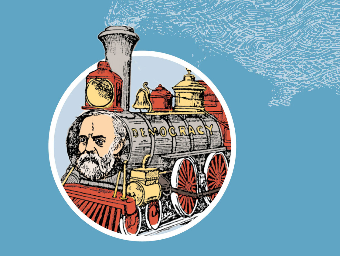 Illustration of Abram Hewitt as a locomotive