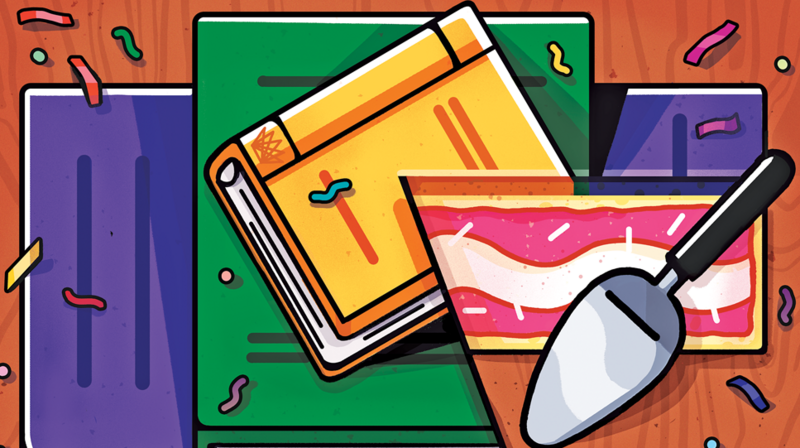 Illustration of books and birthday cake