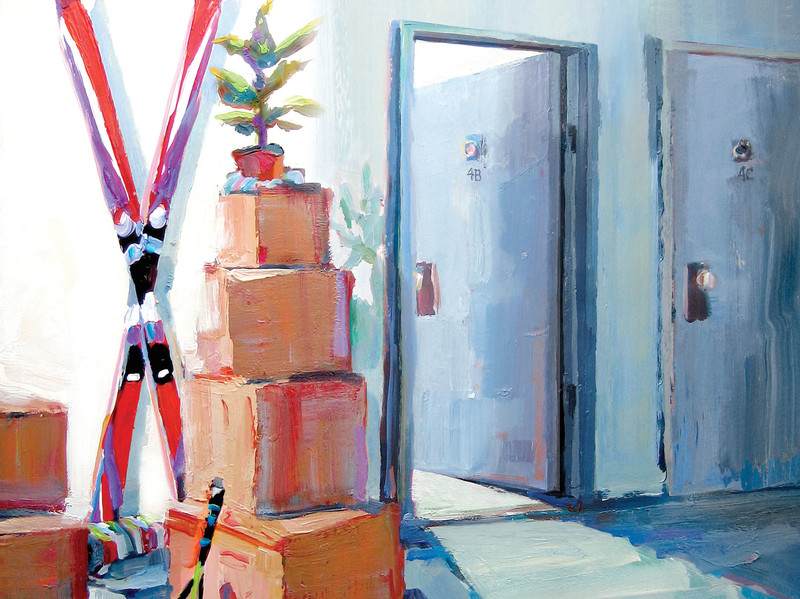 Painting by Patti Mollica of athletic equipment and boxes outside of apartment door