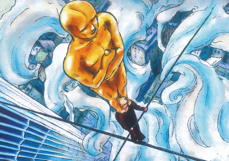 Illustration by Philippe Lechien of Philippe Petit walking tightrope between Twin Towers with an Oscar statue on his head