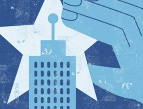 Illustration by James O'Brien of a hand placing a star on the top of a building