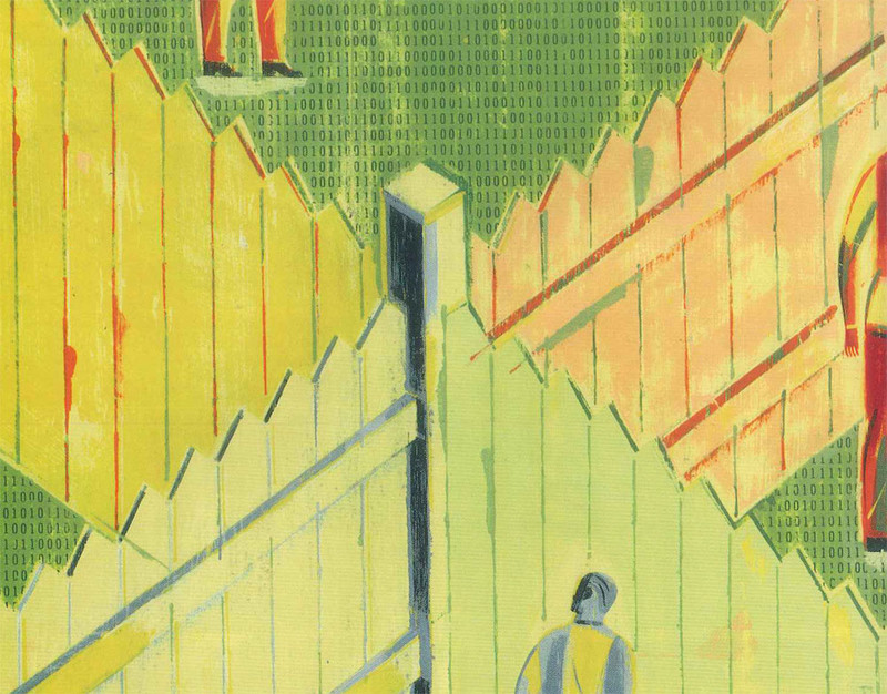 Illustration by Brad Yeo for Columbia Magazine of walls fencing in people over an Internet network grid