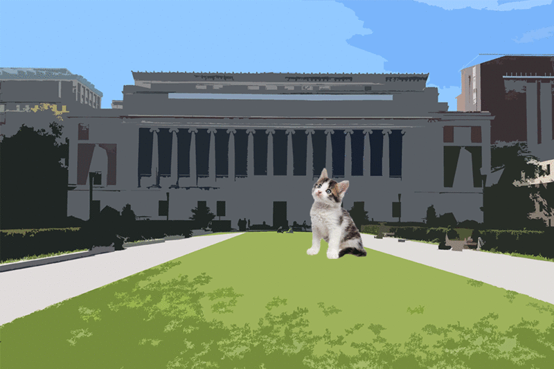 Animation of a kitten and a Welsh Corgi in front of Columbia's Butler Library
