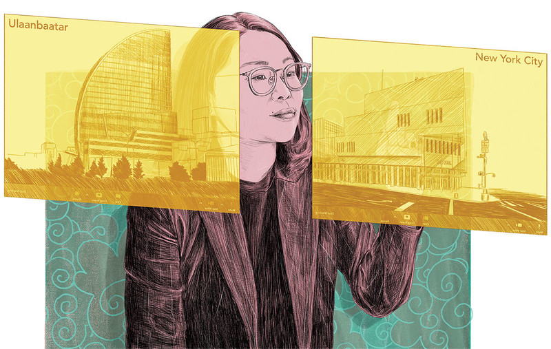 Illustration by Michelle Kondrich of one of a Columbia Obama scholar in Mongolia