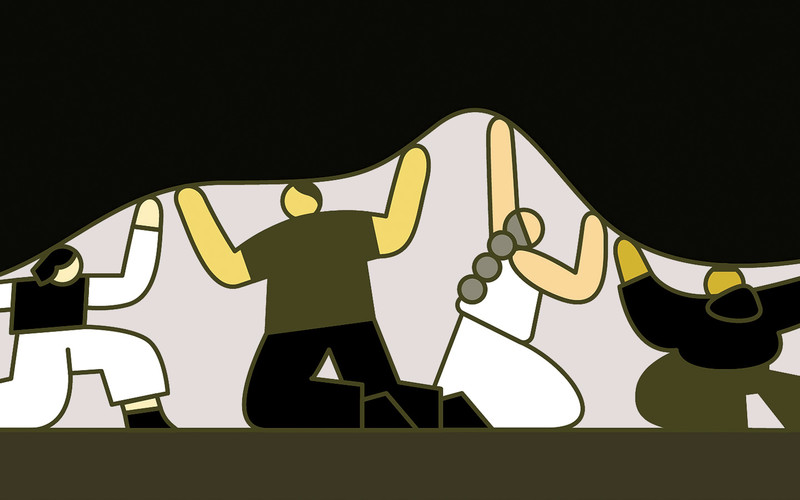 Illustration by Rose Wong of people trying to hold up a giant weight