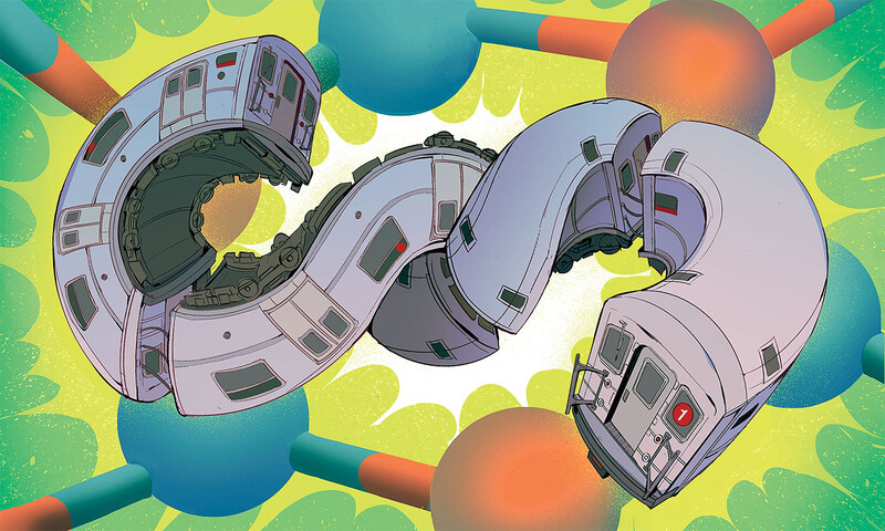 Illustration of the 1 train as a molecule by Andy Kim