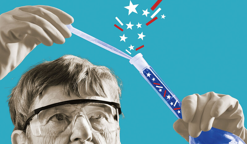 Illustration of a scientist with a red, white, and blue test tube