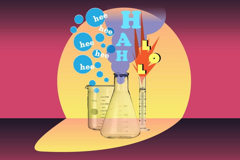 illustration of lab beakers expelling laughs