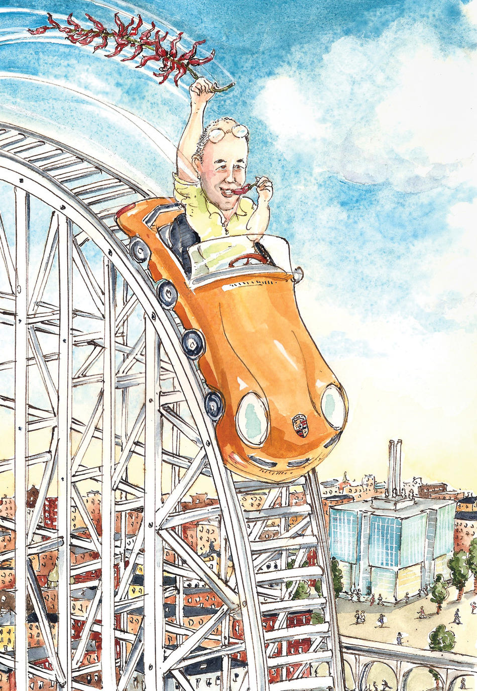 Illustration of Columbia scientist Charles Zuker on rollercoaster by Mark Steele