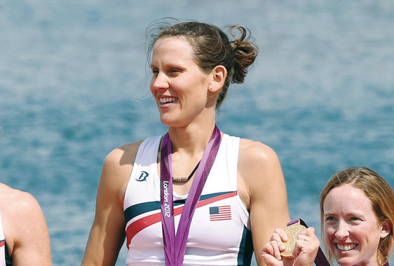 Rower Caryn Davies accepting gold medal at 2012 Summer Olympics
