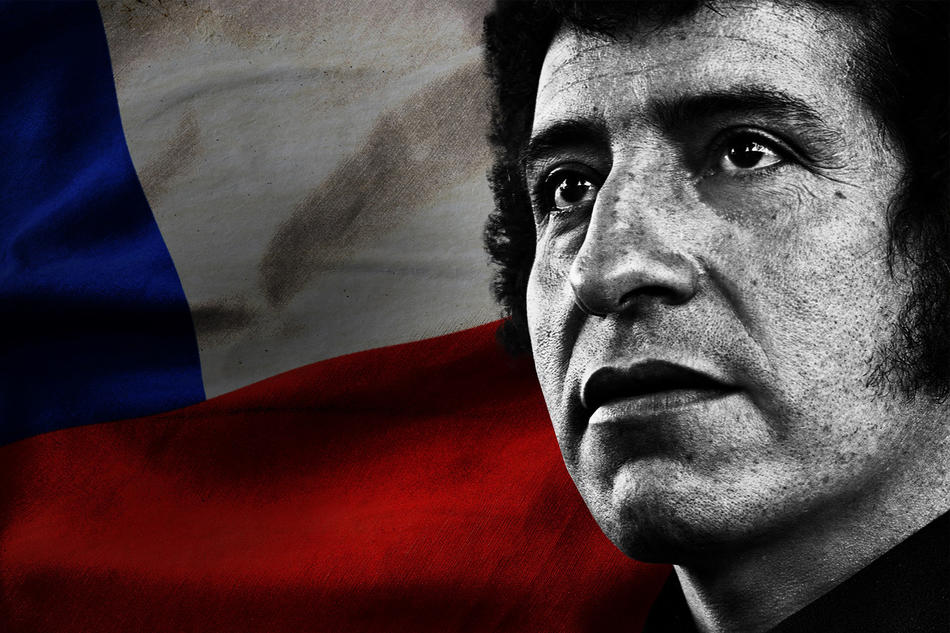 Víctor Jara in front of Chilean flag. Still from ReMastered: Massacre at the Stadium on Netflix