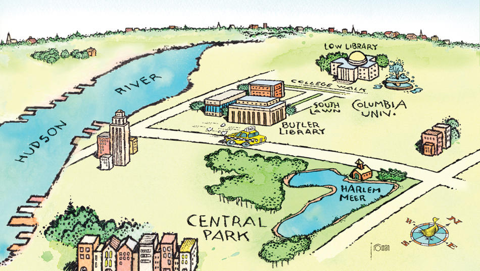 Columbia campus map, illustrated by John Roman