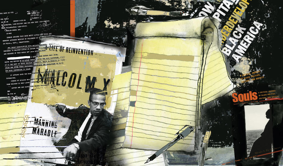 Collage featuring African American texts and Manning Marable's biography of Malcolm X