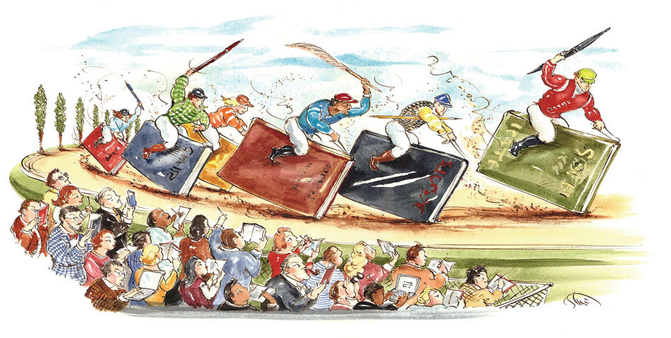 Illustration of horse jockeys riding books