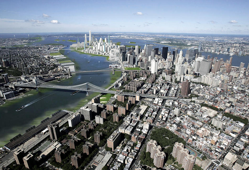Rendering of NYC land bridge between Lower Manhattan and Governor's Island