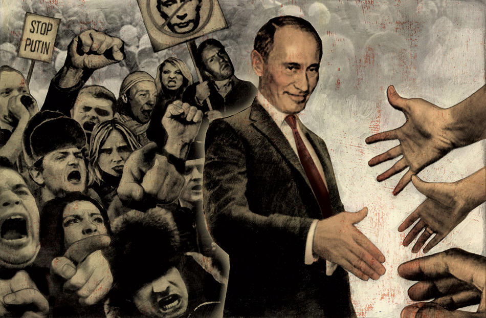 Illustration of Vladimir Putin and protesters