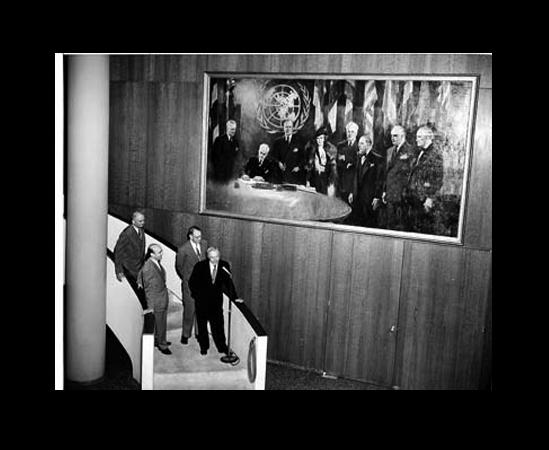 James Shotwell in his office with his secretary, Leslie Paffroth, and colleague Kathryn Clark, in 1953.