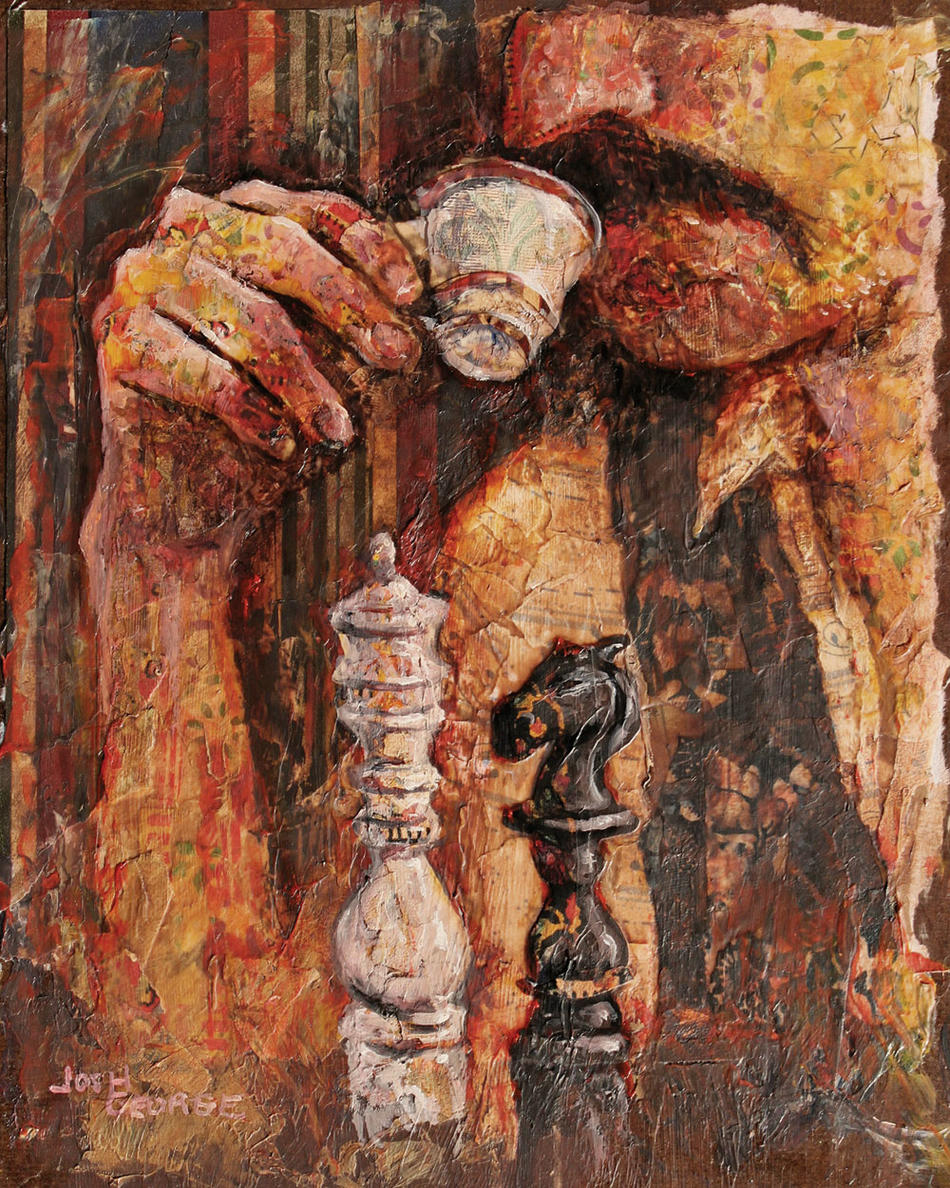 Illustration of man sipping tea while playing chess