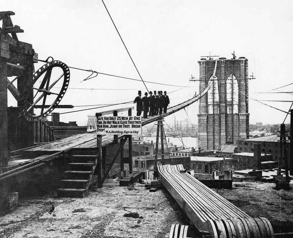 Photo of the construction of the Brooklyn Bridge