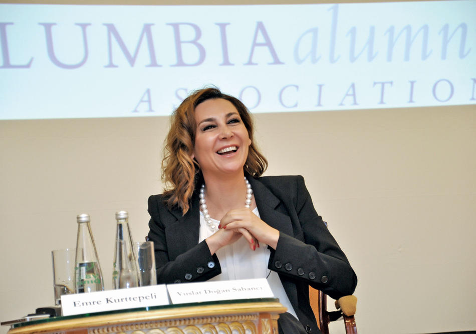 Vuslat Dogan Sabanci speaking at a Columbia Alumni Association Global panel discussion in Istanbul