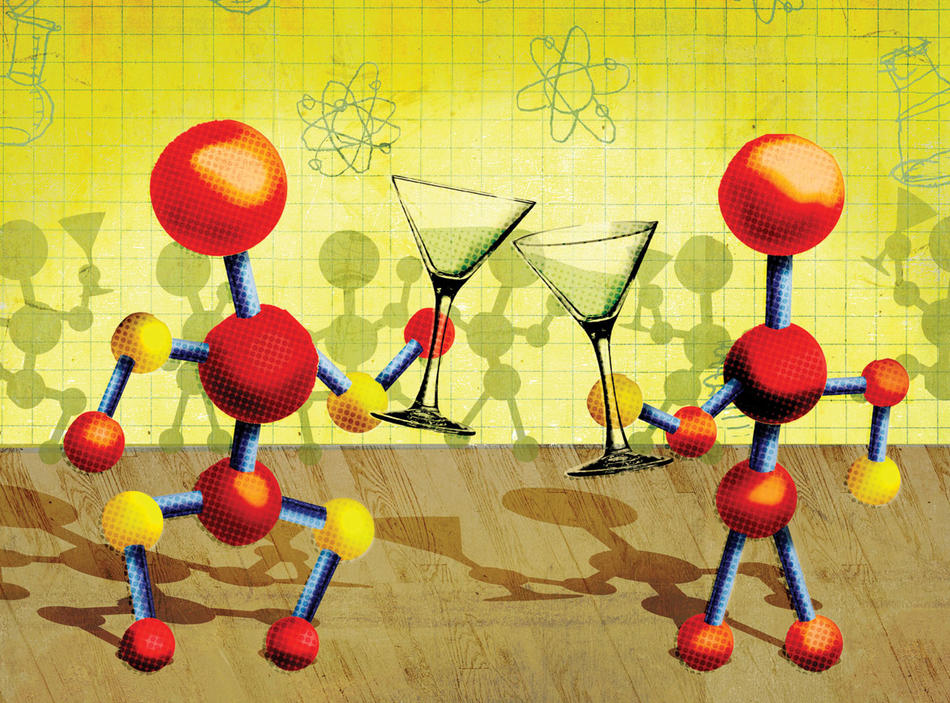 Cartoon of anthropomorphized molecules clinking martini glasses