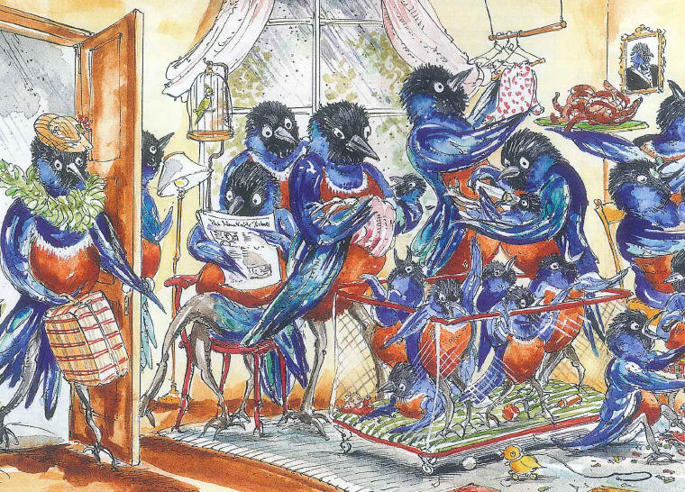 Cartoon illustration of anthropomorphized birds in a living room