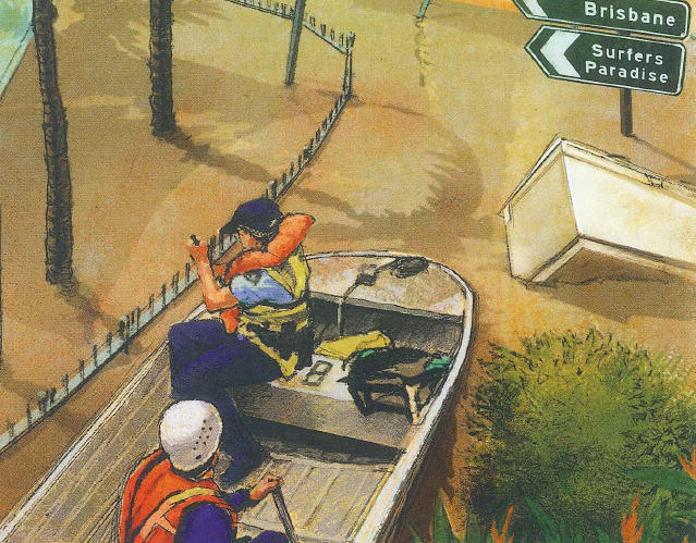 Illustration of canoe in flooded water in Brisbane