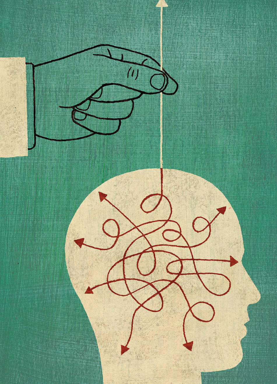 Illustration of hand manipulating thoughts in brain