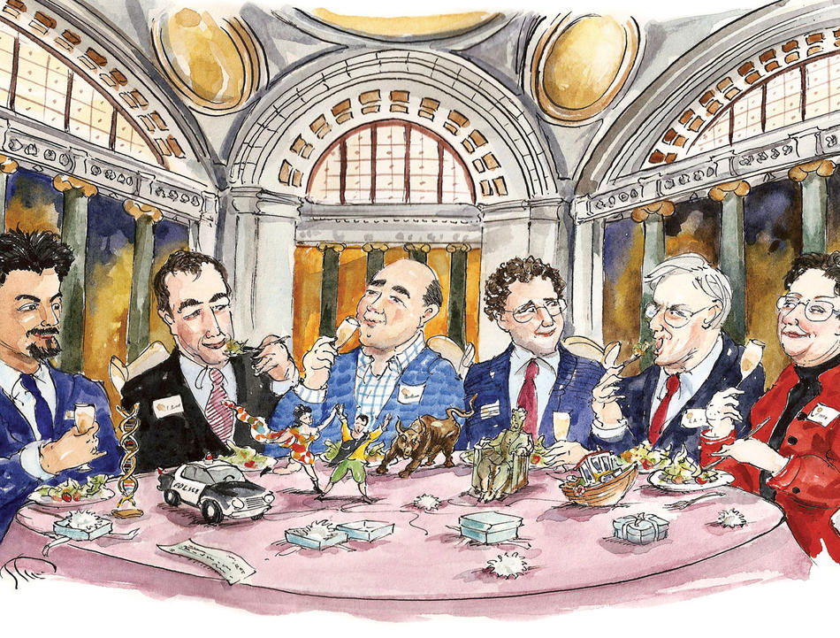 Cartoon illustration of Pulitzer recipients eating lunch in Low Library