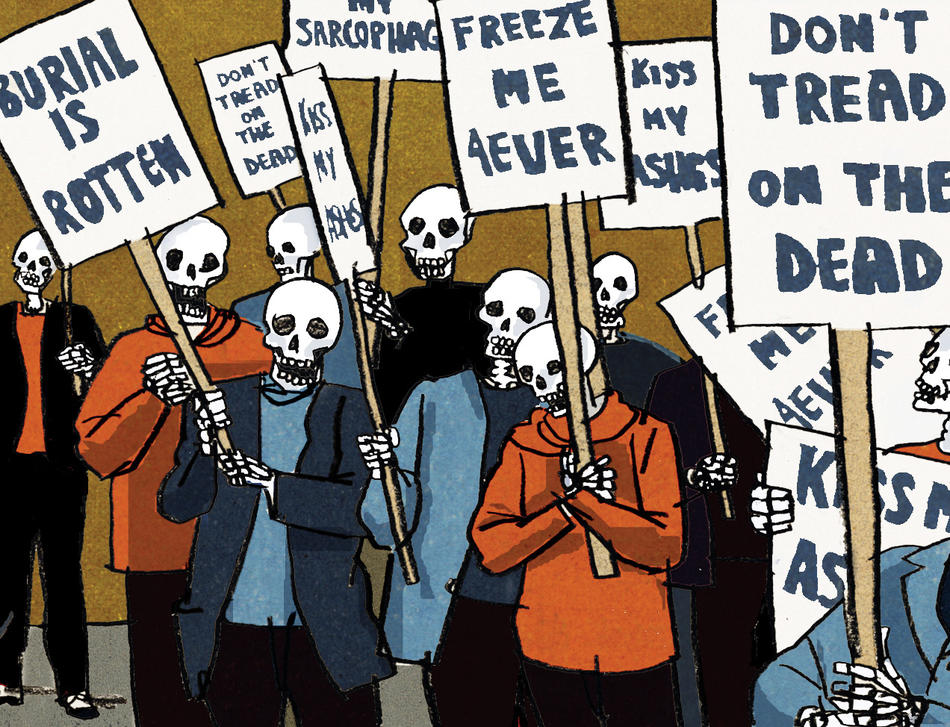 Cartoon illustration of skeletons protesting cadaver burial