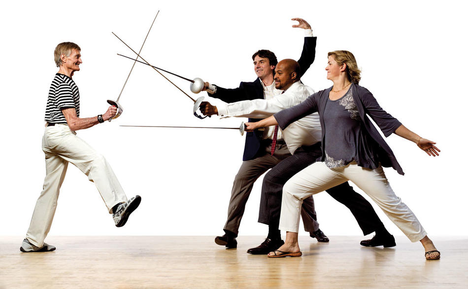 Aladar Kogler with fencers Steve Trevor, Bob Cottingham, and Caitlin Bilodeau