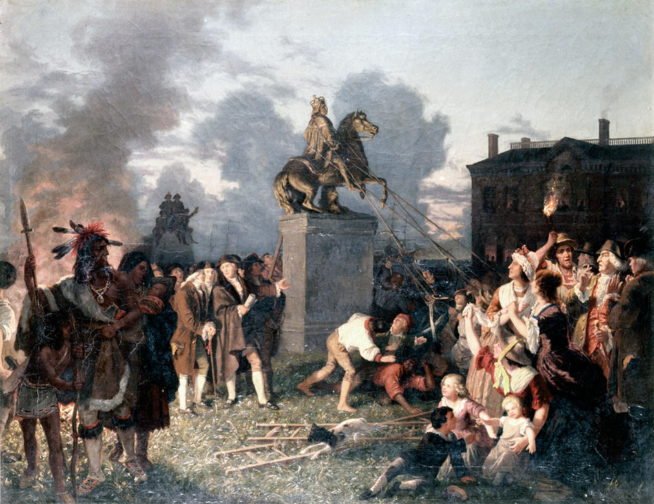 Painting of rioters pulling down statue of King George III