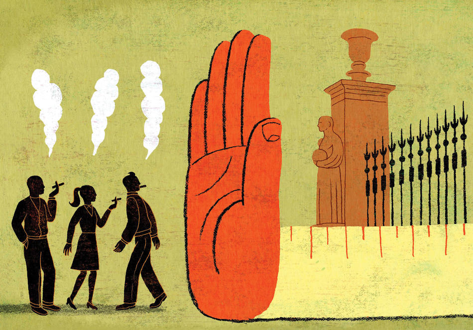 Illustration of smoking students pushed out of Columbia campus with giant hand