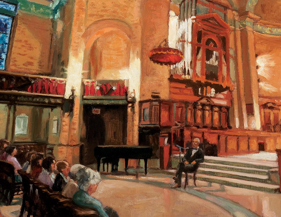 Illustration of Ted de Bary speaking in Columbia's St. Paul's Chapel
