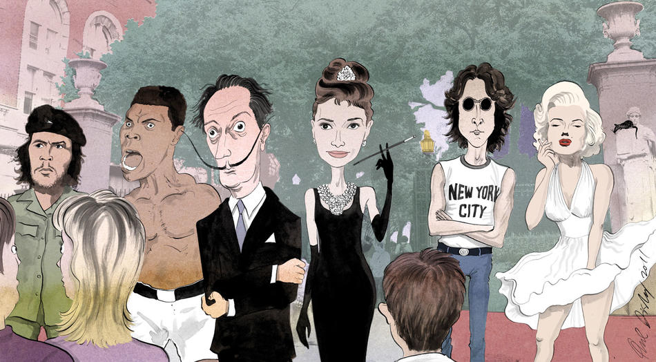 Illustration of Che Guevara, Muhammad Ali, Salvador Dali, Audrey Hepburn, John Lennon, and Marilyn Monroe on Columbia campus