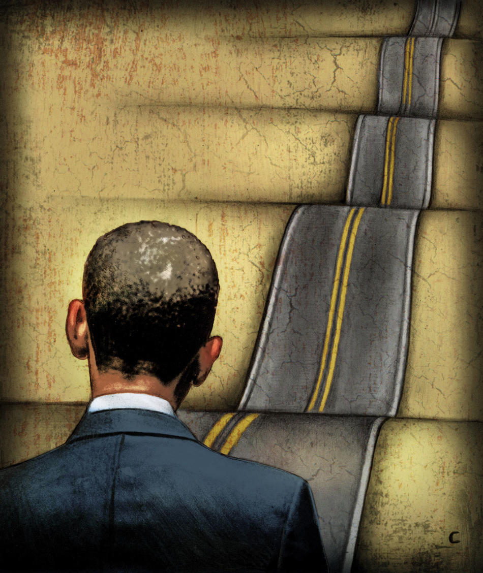 Illustration of Barack Obama looking at bumpy road