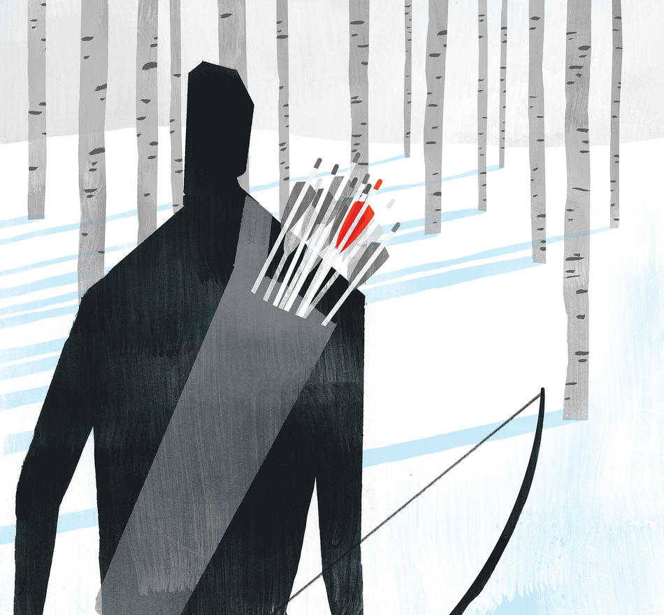Illustration of hunter with bow and arrows in wintery forest