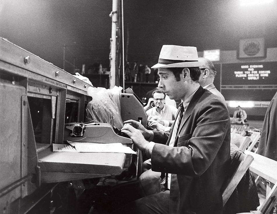 Robert Lipsyte covering a boxing match at Shea Stadium in 1967