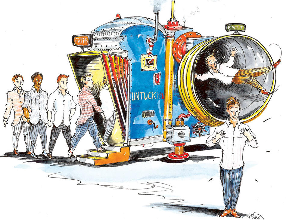cartoon illustration of men walking into an "UNTUCKit" machine