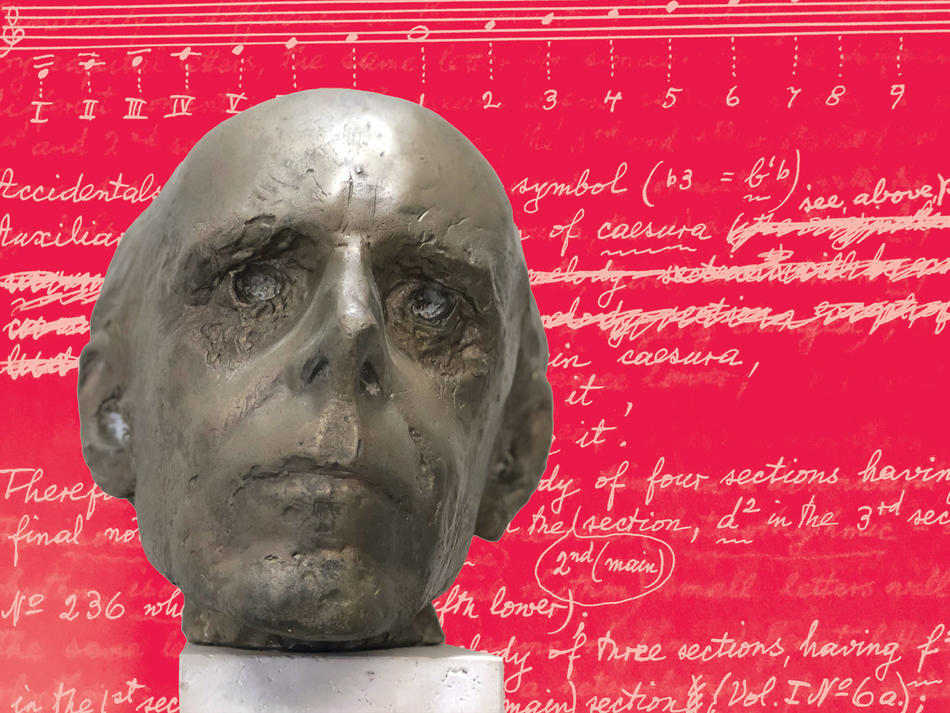 Bronze bust of Béla Bartok over sheet music