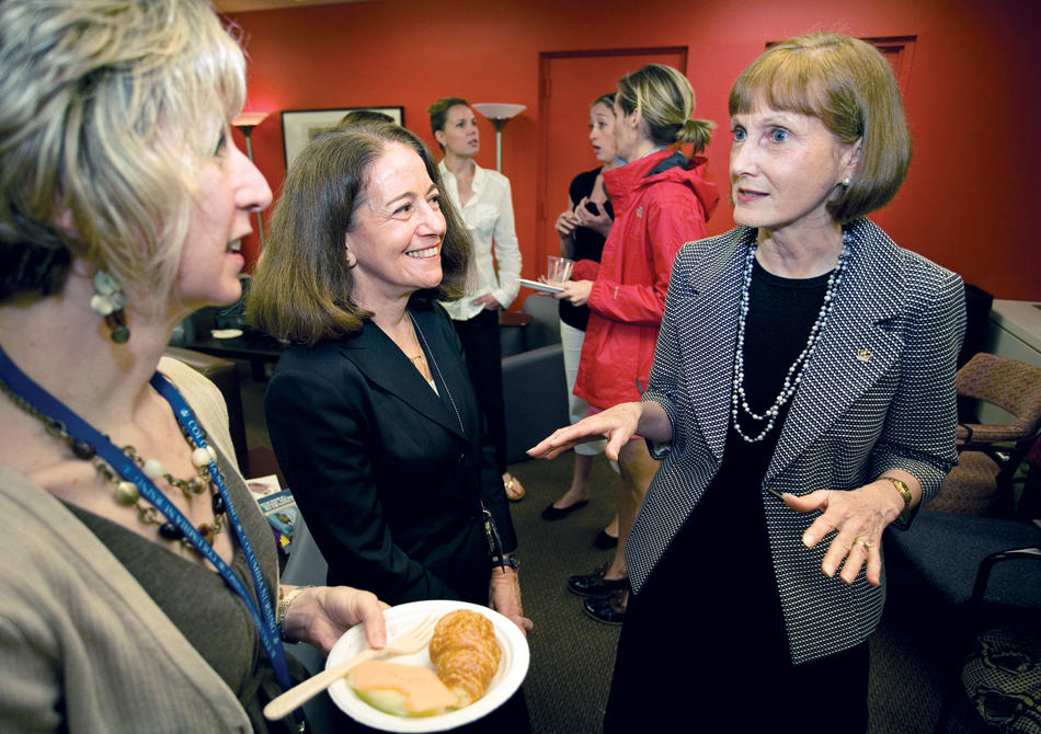 Bobbie Berkowitz, at right, greeted PhD candidate Annie Rohan, at left, and associate dean of nursing Judy Honig on a recent visit to Columbia