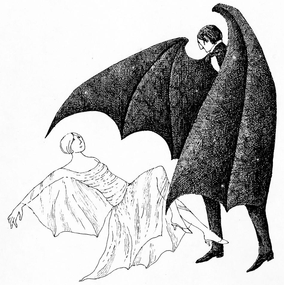Edward Gorey created this pen-and-ink drawing to promote the 1977 Broadway production of Dracula, for which he also designed stage sets and costumes, winning a Tony Award for the latter. The drawing is part of Columbia's new Gorey collection