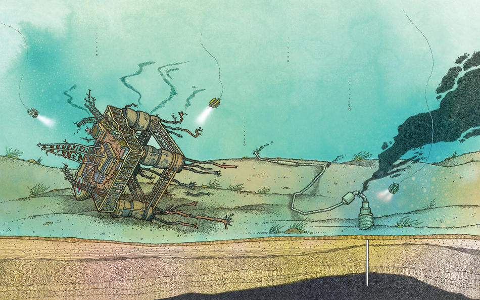 Illustration of oil rig under water