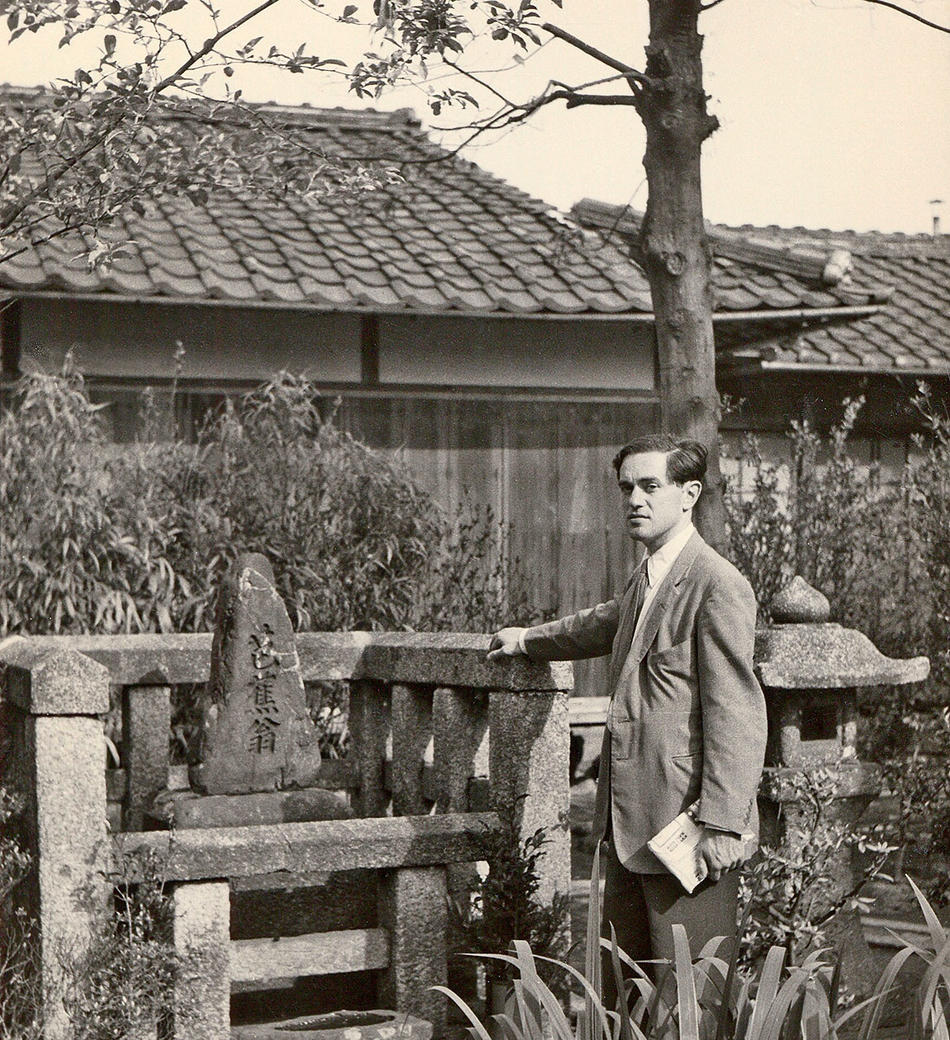 Donald Keene at poet Basho’s tomb in Zeze, Japan, 1955.