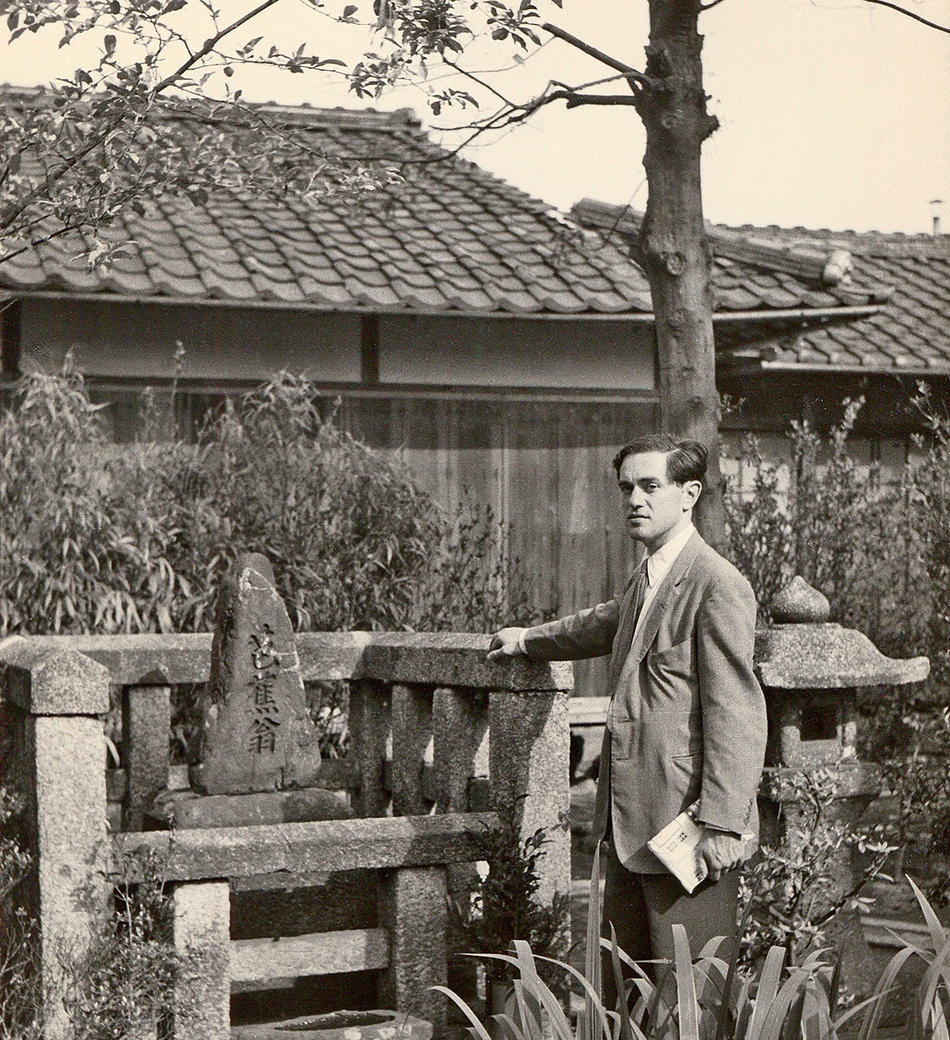 Donald Keene at poet Basho’s tomb in Zeze, Japan, 1955. 