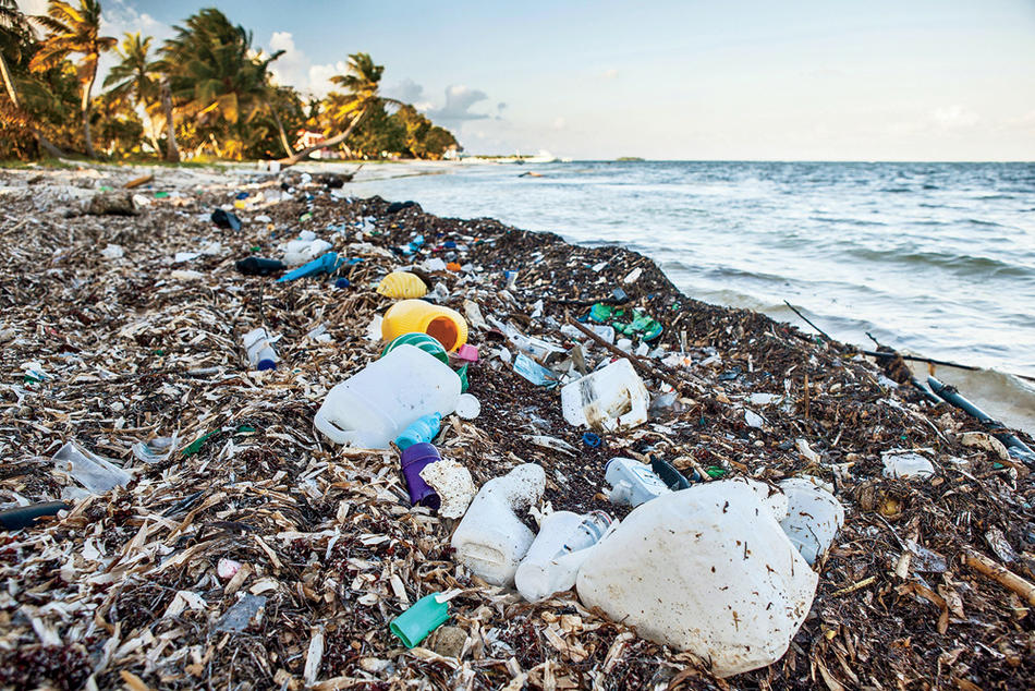 Plastic refuse litters the Turneffe Atoll in the Caribbean Sea, off the coast of Belize.